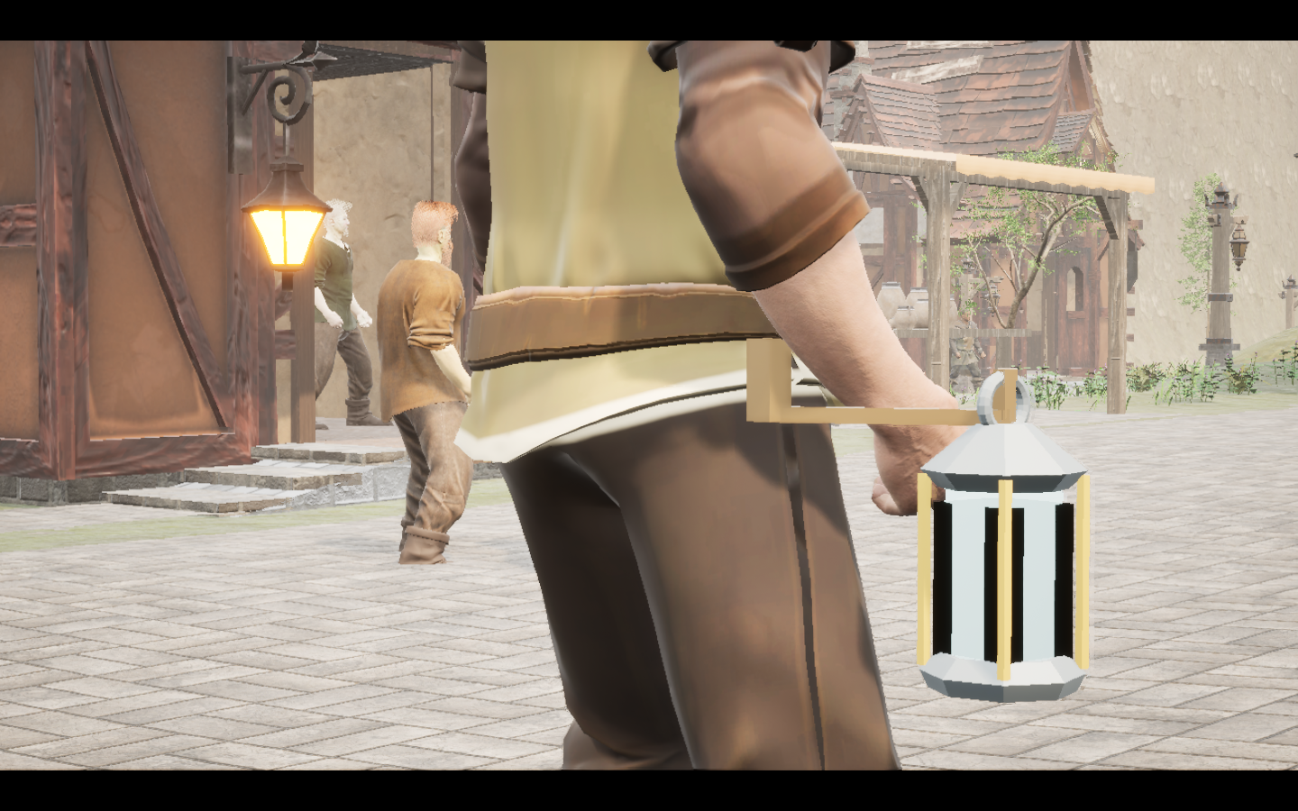 Prospector's lantern equipped in game. Native game screenshot, masculine average body, rear three-quarter view.
