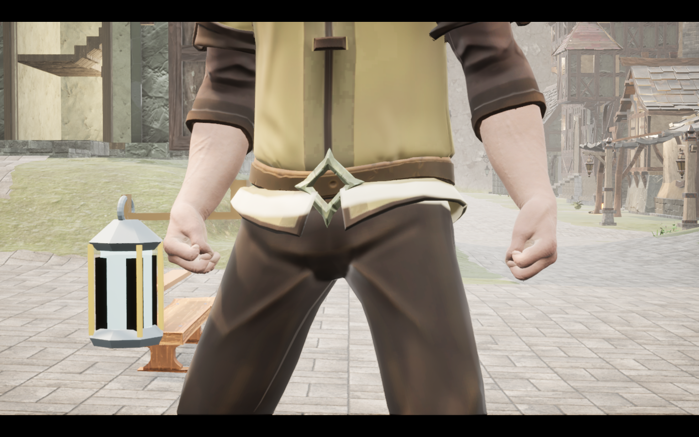 Prospector's lantern equipped in game. Native game screenshot, masculine average body, front view.