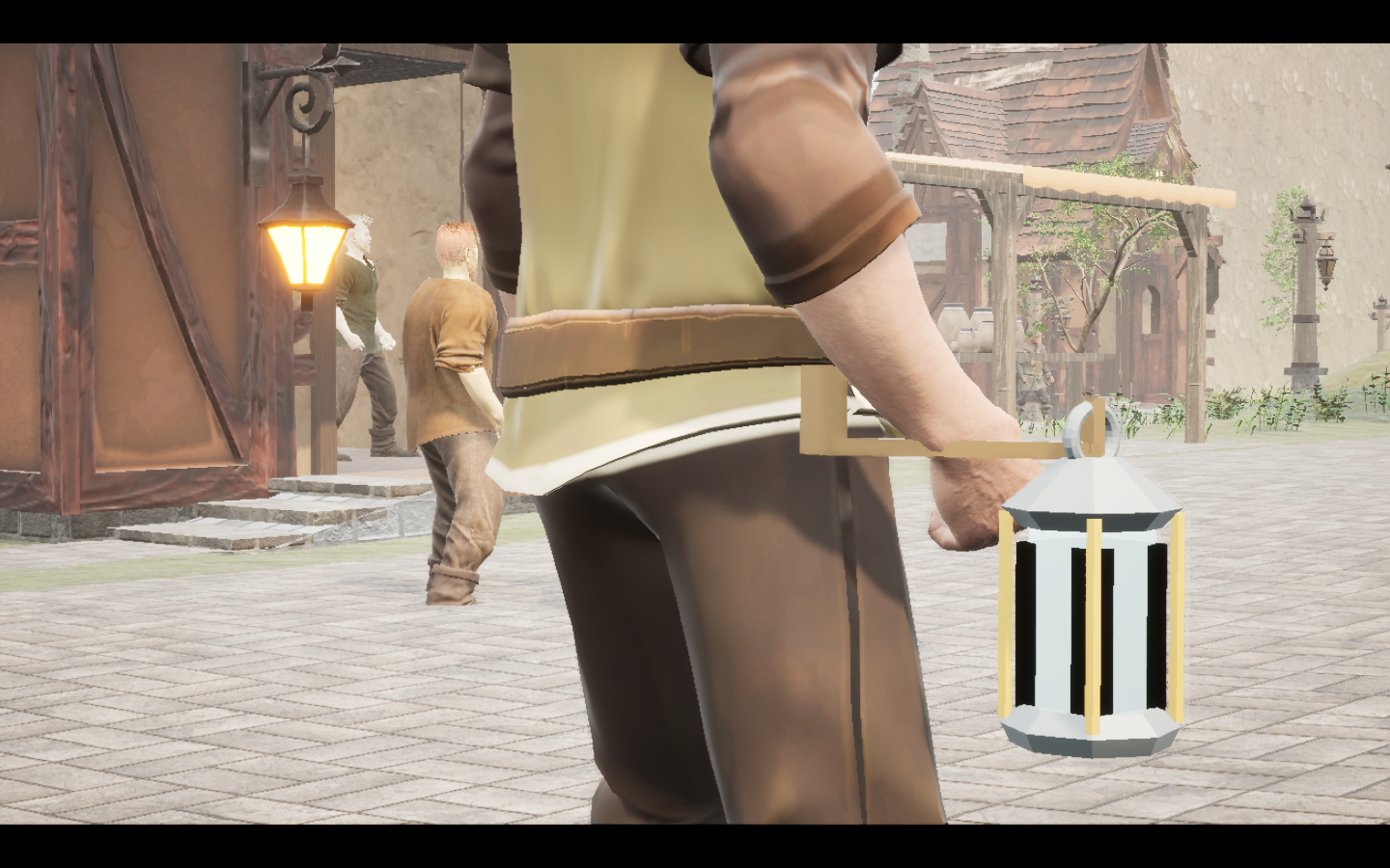 Mothkeeper's lantern equipped in game. Native game screenshot, masculine average body, rear three-quarter view.