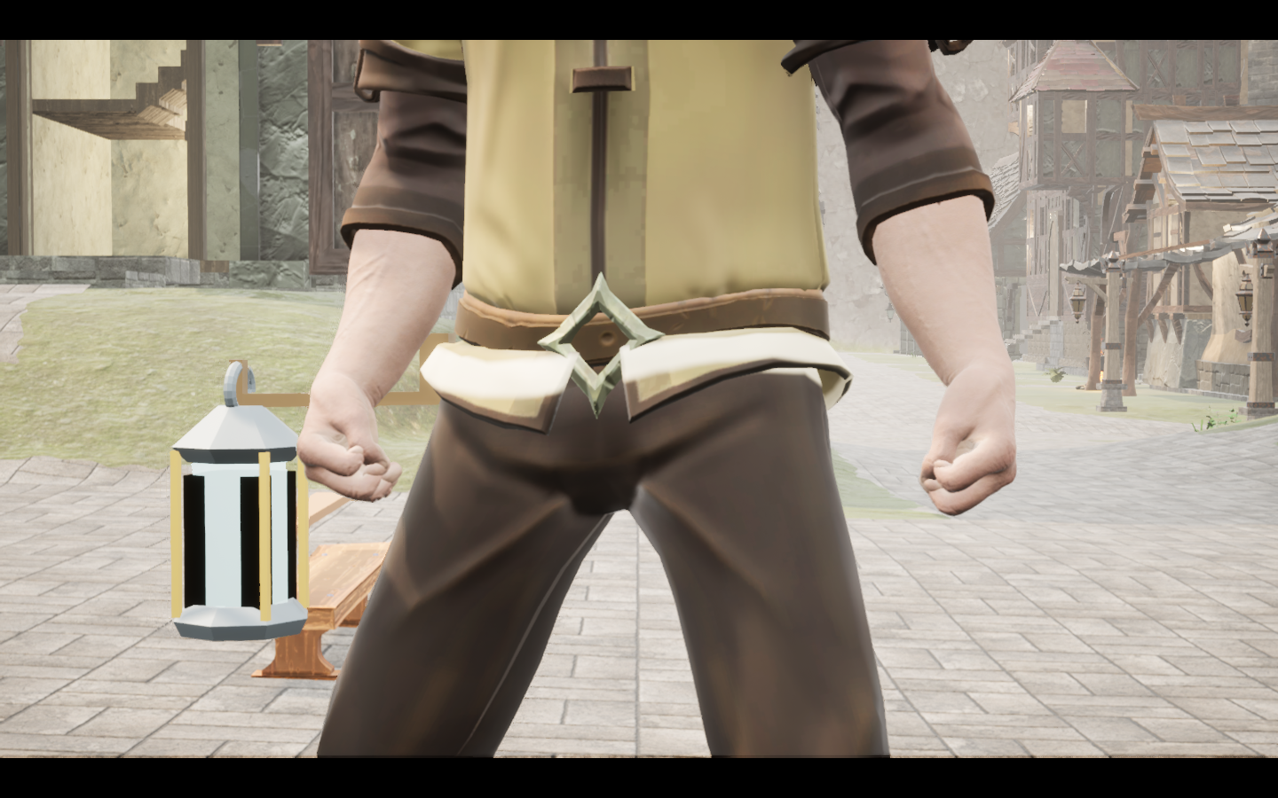 Mothkeeper's lantern equipped in game. Native game screenshot, masculine average body, front view.