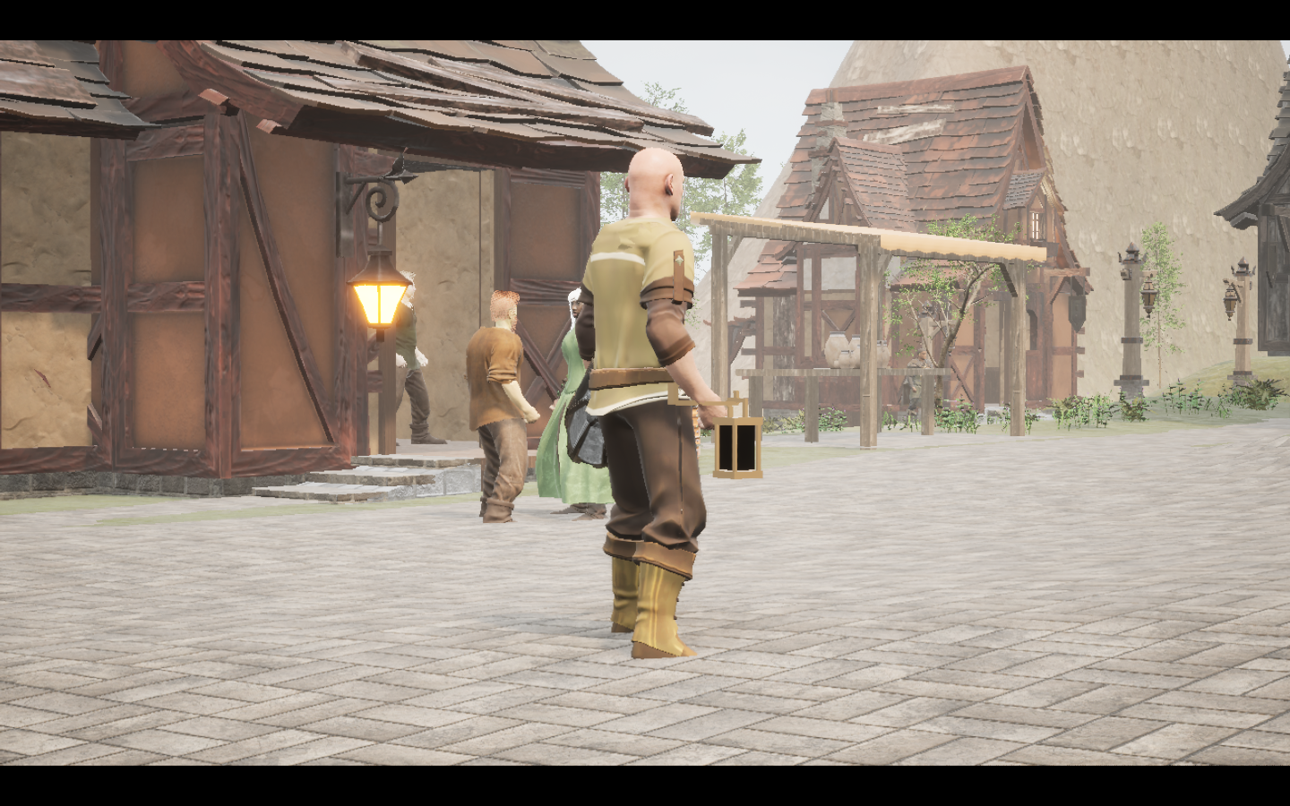 Resonant granite shield equipped in game. Native game screenshot, masculine average body, rear three-quarter view.