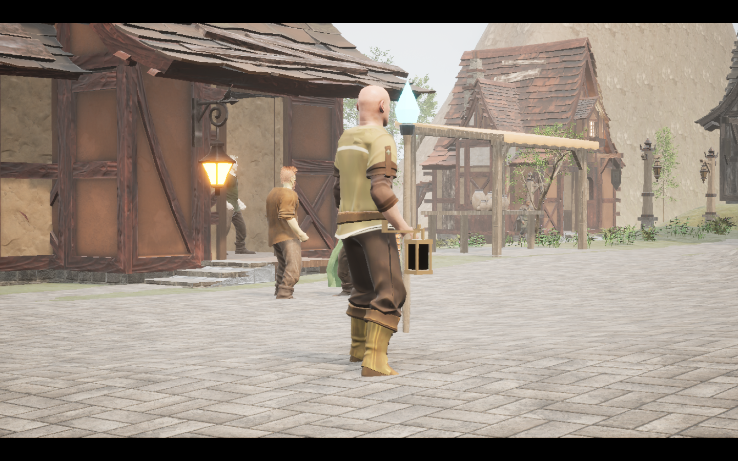 Ashwood staff equipped in game. Native game screenshot, masculine average body, rear three-quarter view.