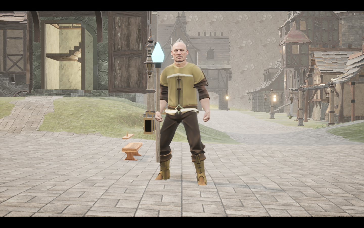 Ashwood staff equipped in game. Native game screenshot, masculine average body, front view.