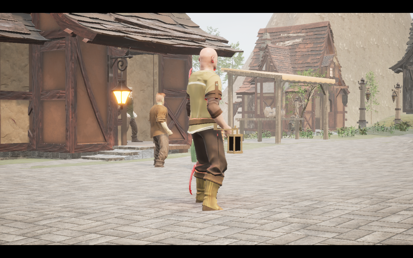 Stoneheart bow equipped in game. Native game screenshot, masculine average body, rear three-quarter view.