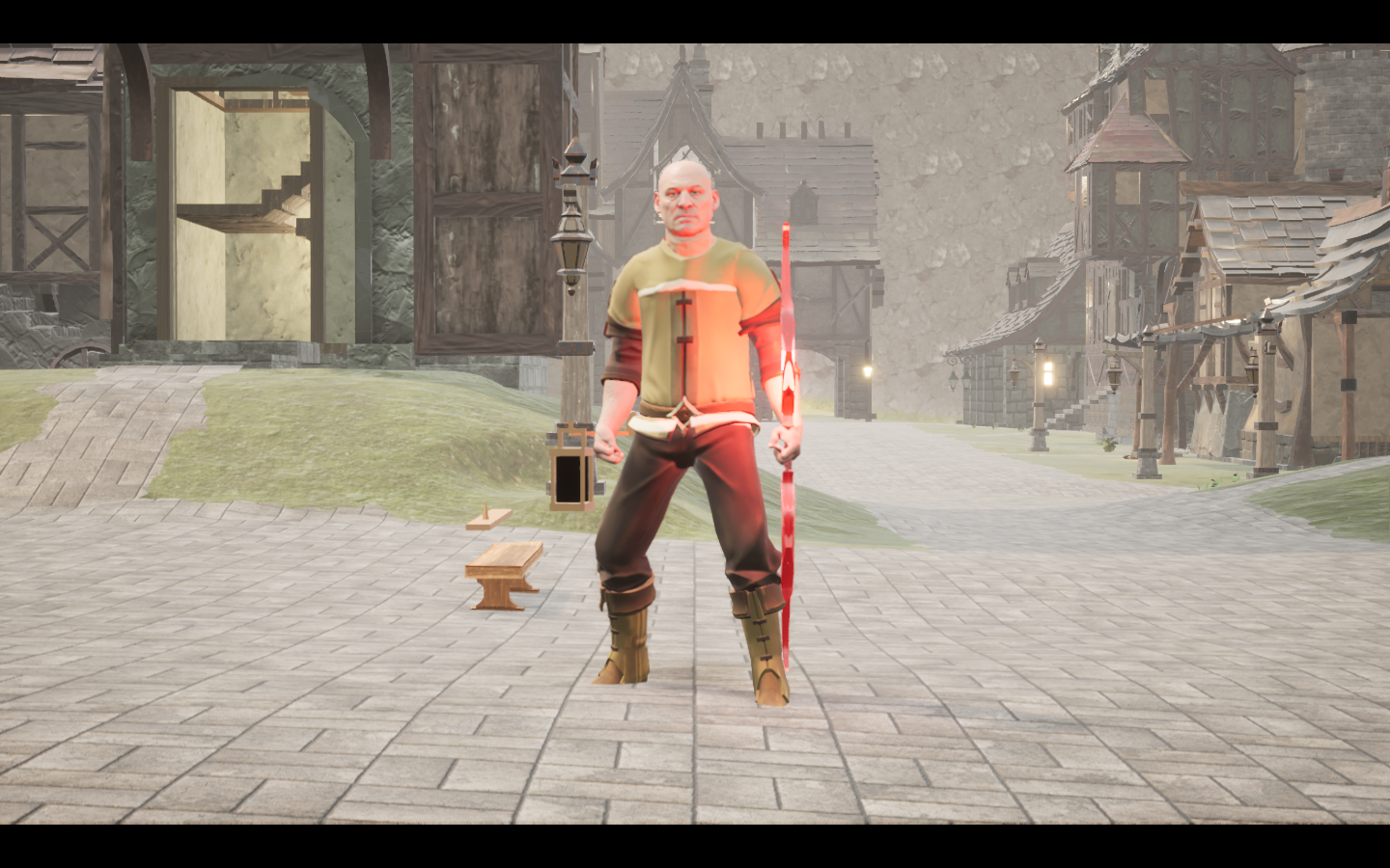 Stoneheart bow equipped in game. Native game screenshot, masculine average body, front view.