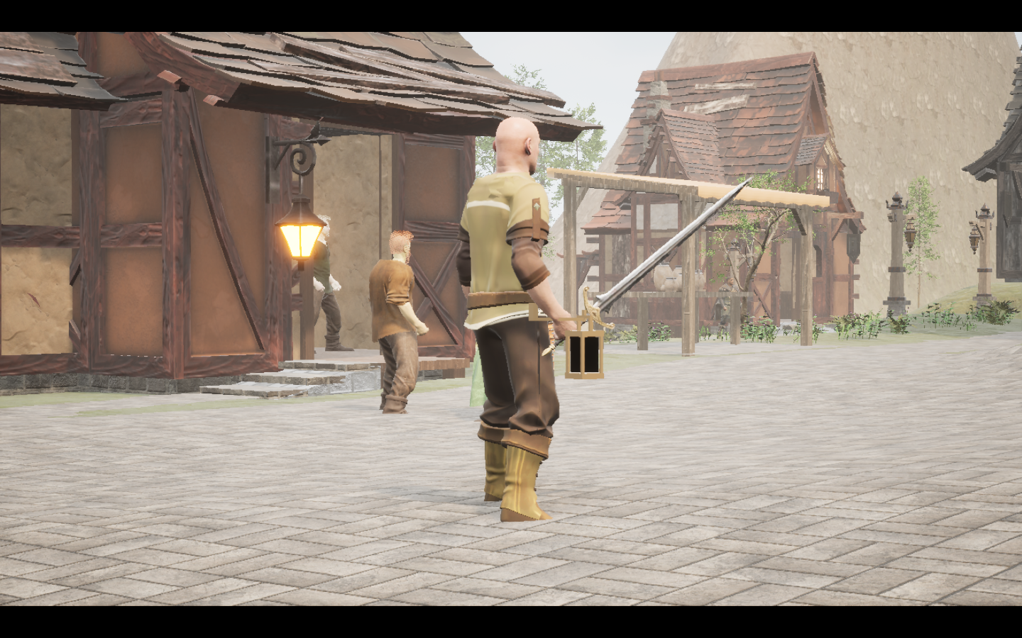 Lothric sword equipped in game. Native game screenshot, masculine average body, rear three-quarter view.