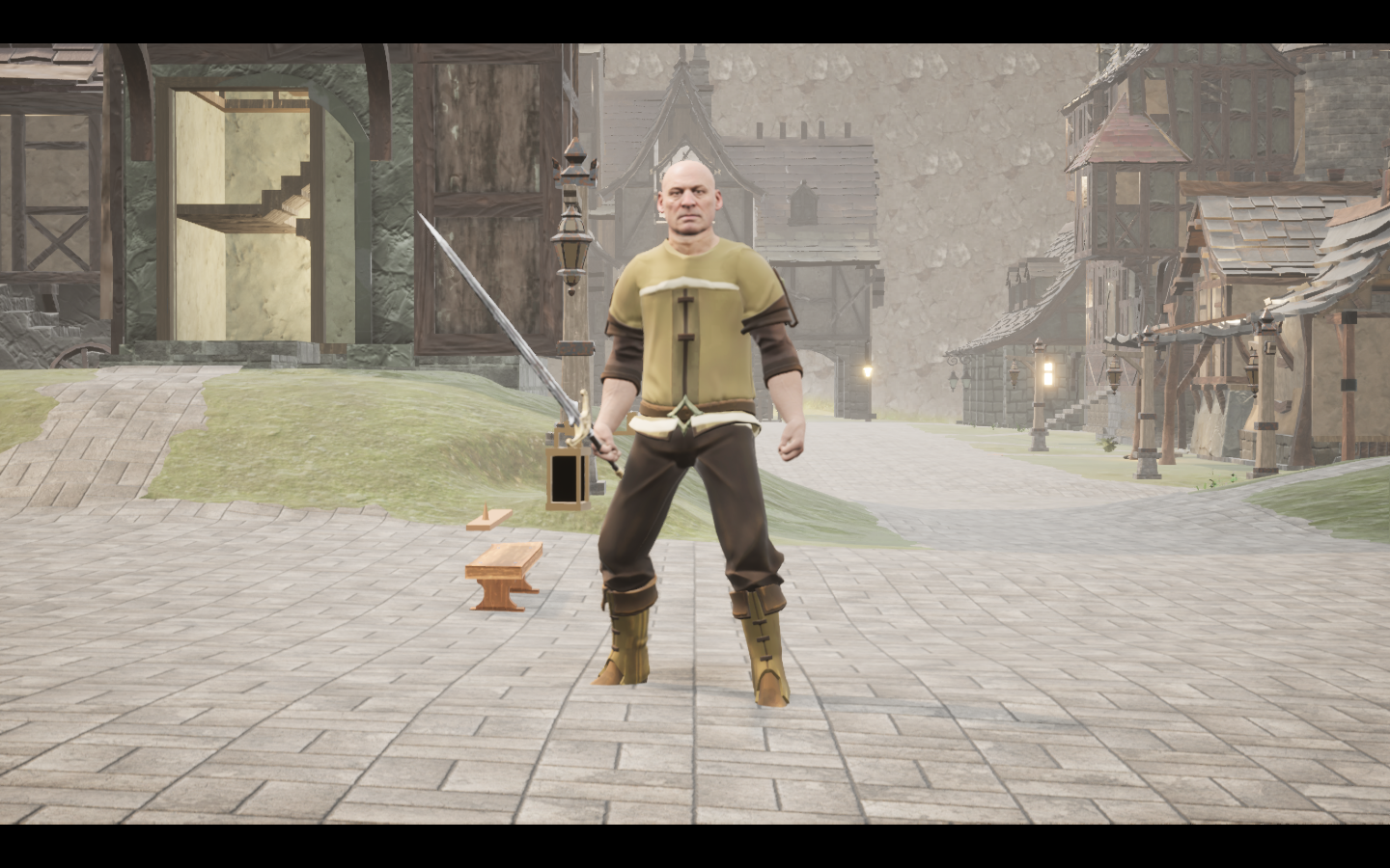 Lothric sword equipped in game. Native game screenshot, masculine average body, front view.