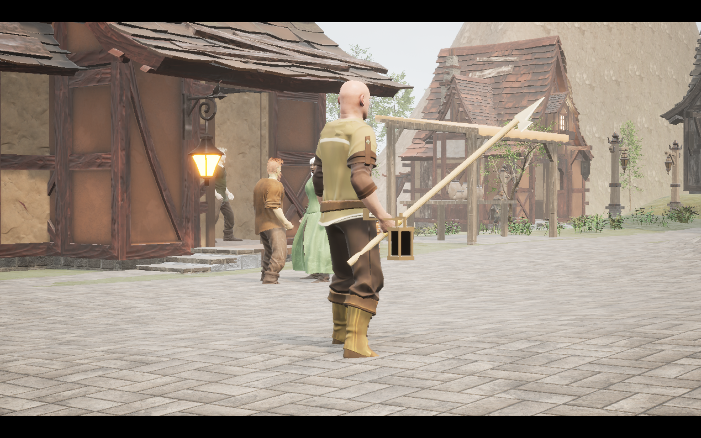 Spinehook spear equipped in game. Native game screenshot, masculine average body, rear three-quarter view.