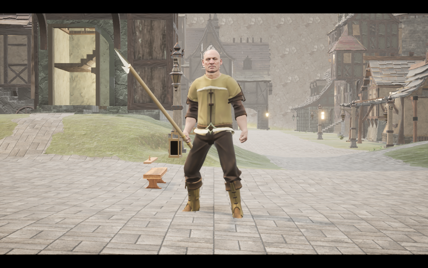 Spinehook spear equipped in game. Native game screenshot, masculine average body, front view.