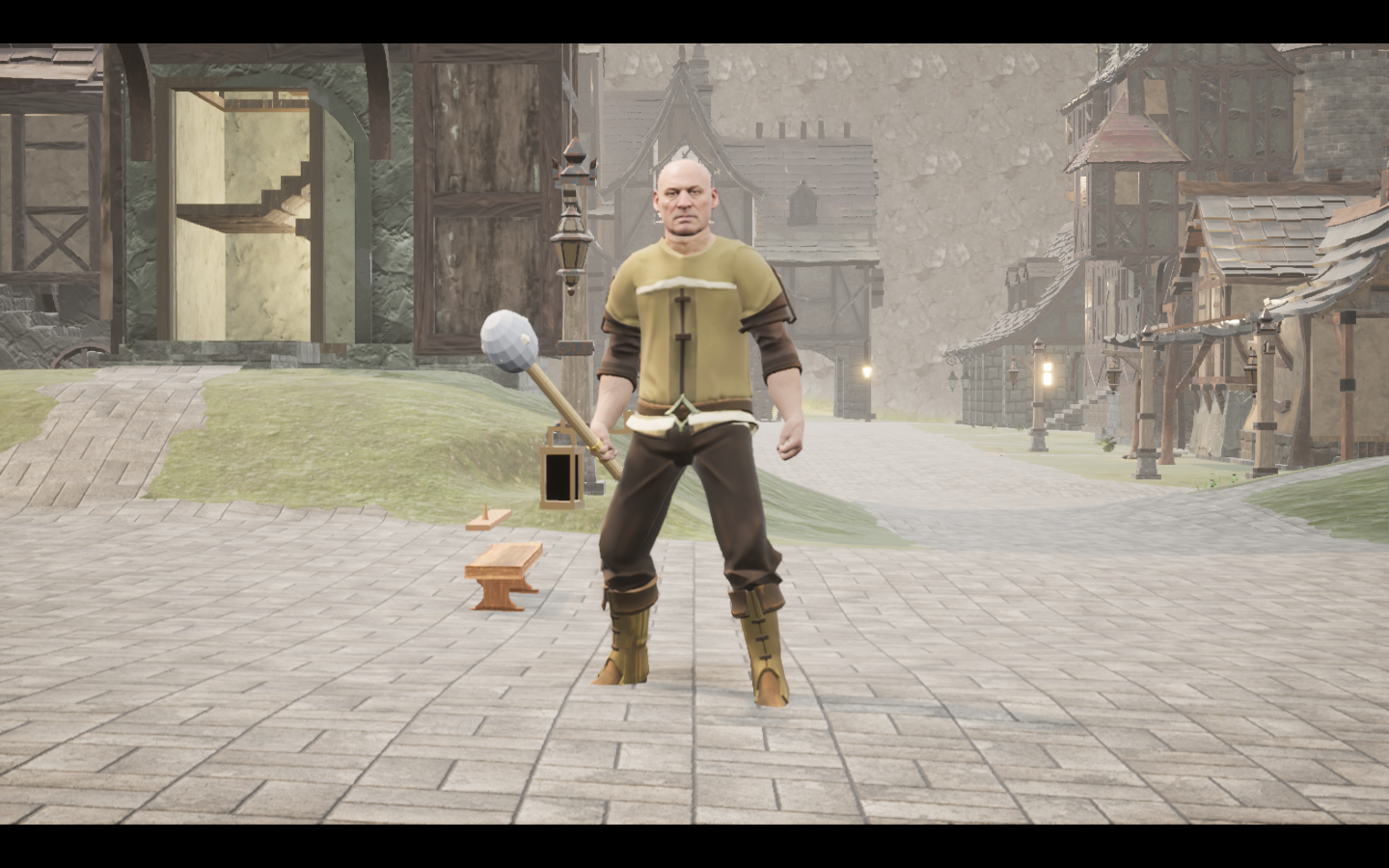 Resonant mace equipped in game. Native game screenshot, masculine average body, front view.