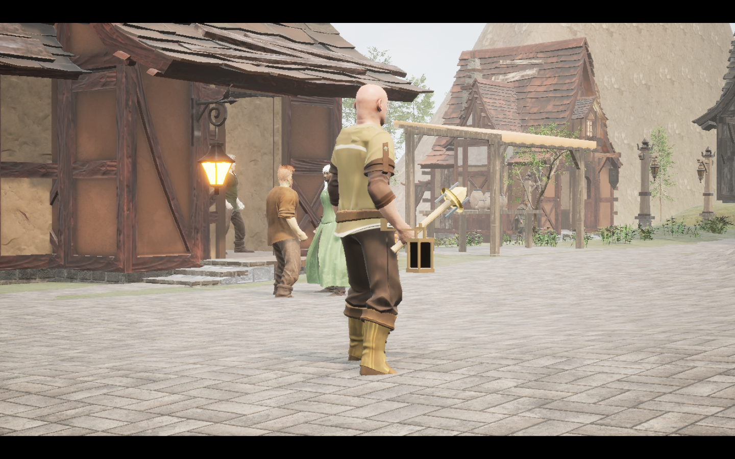 Slateheart focus equipped in game. Native game screenshot, masculine average body, rear three-quarter view.