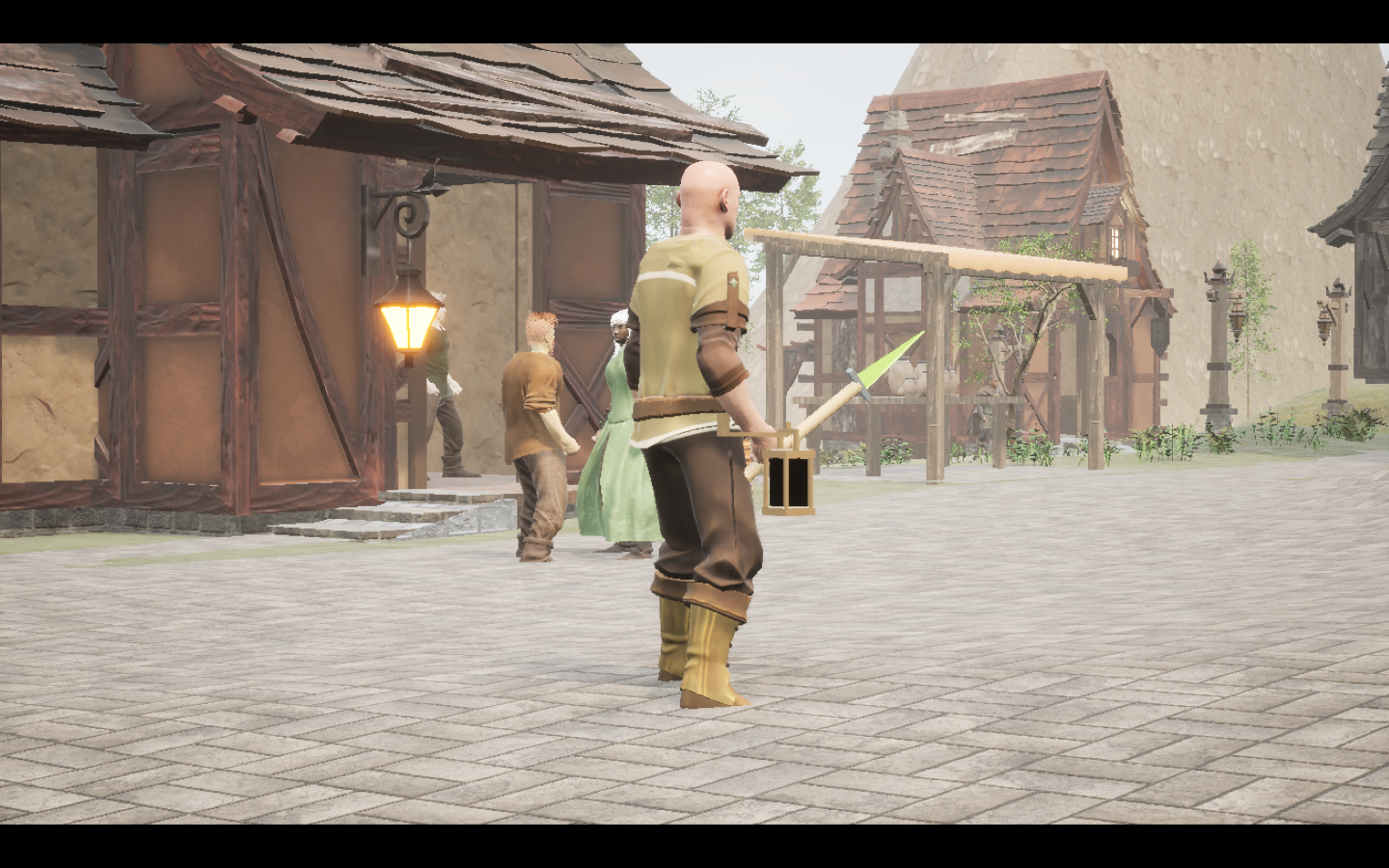 Venomfang dagger equipped in game. Native game screenshot, masculine average body, rear three-quarter view.