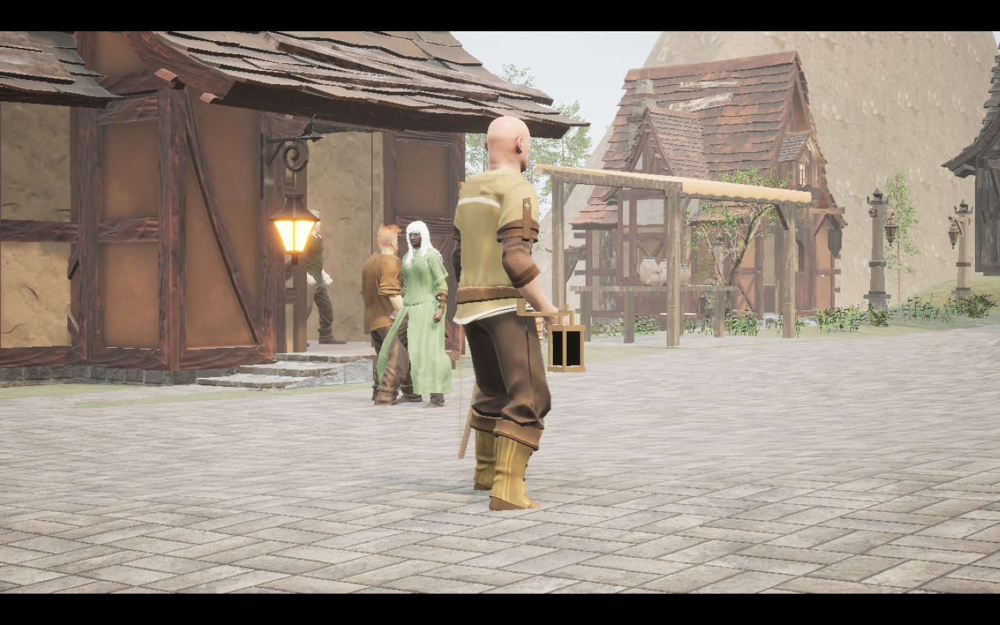 Thornbound bow equipped in game. Native game screenshot, masculine average body, rear three-quarter view.