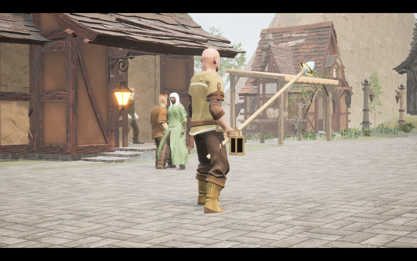 Rimeheart staff equipped in game. Native game screenshot, masculine average body, rear three-quarter view.