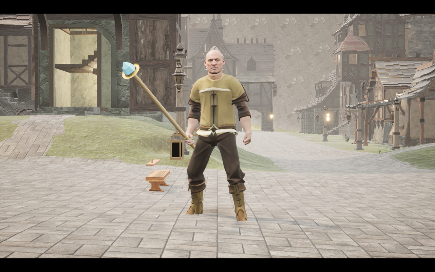 Rimeheart staff equipped in game. Native game screenshot, masculine average body, front view.