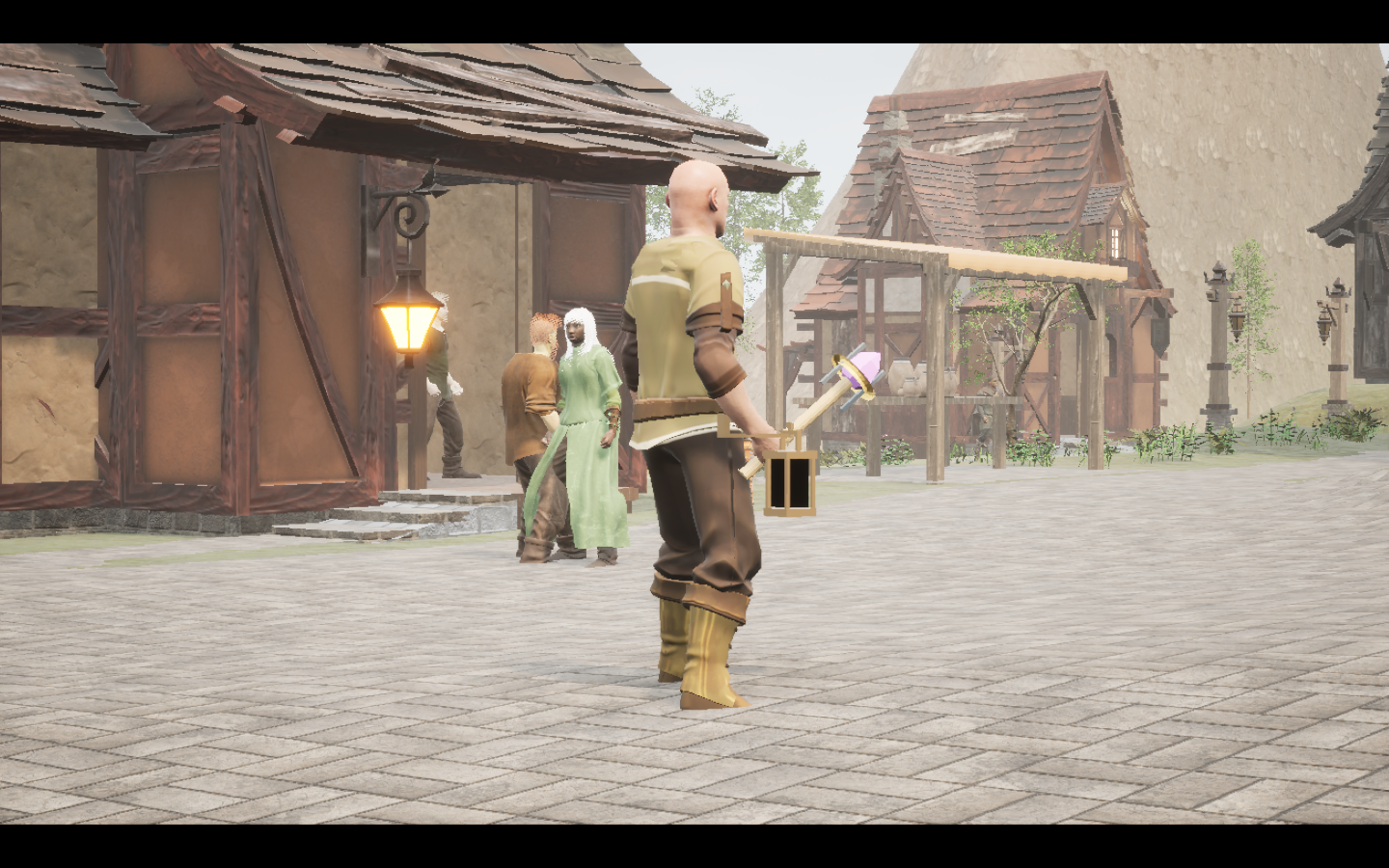 Runebreaker focus equipped in game. Native game screenshot, masculine average body, rear three-quarter view.