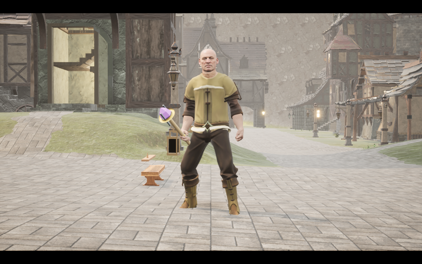 Runebreaker focus equipped in game. Native game screenshot, masculine average body, front view.