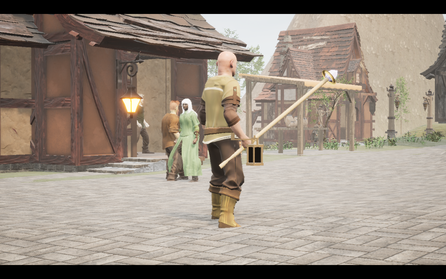 Stormheart staff equipped in game. Native game screenshot, masculine average body, rear three-quarter view.