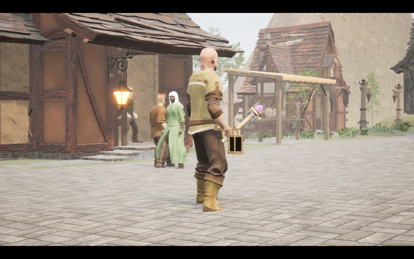 Duskveil focus equipped in game. Native game screenshot, masculine average body, rear three-quarter view.