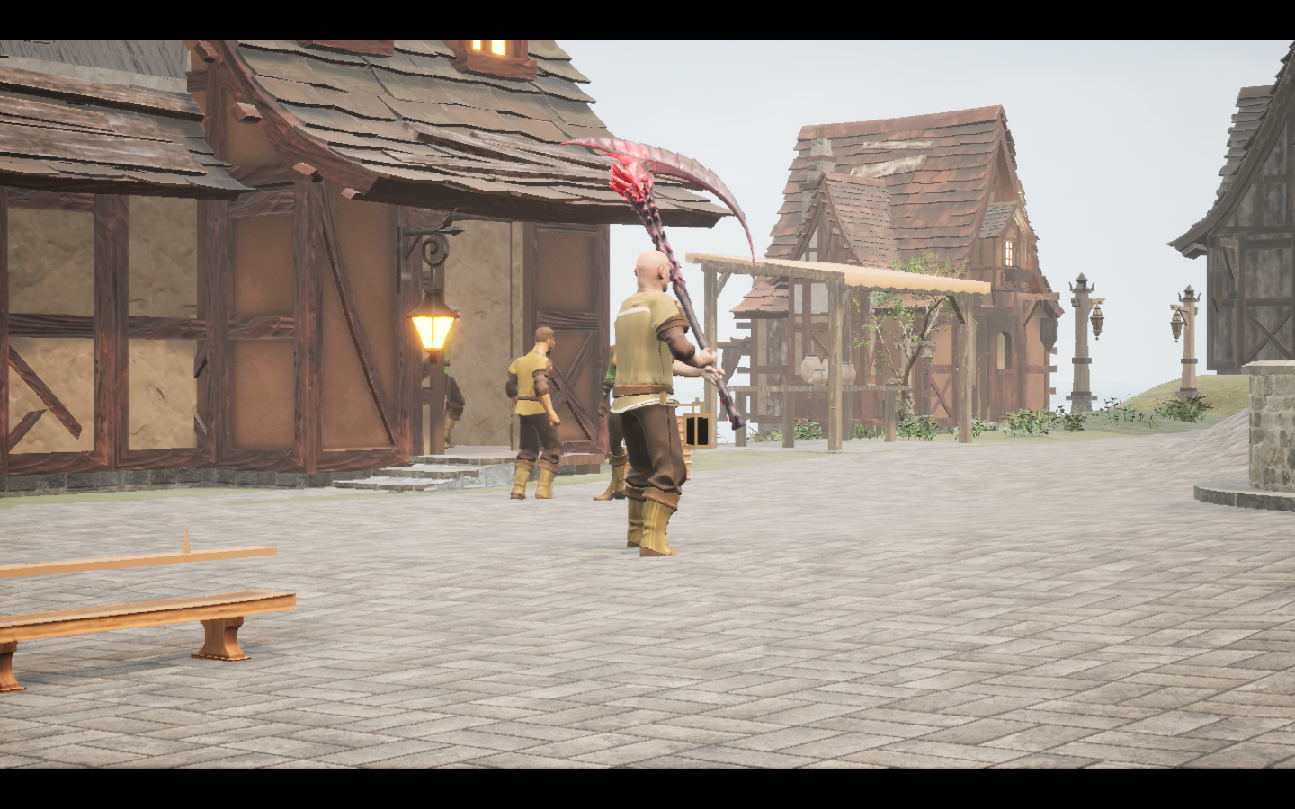 Stoneheart scythe equipped in game. Native game screenshot, masculine average body, rear three-quarter view.