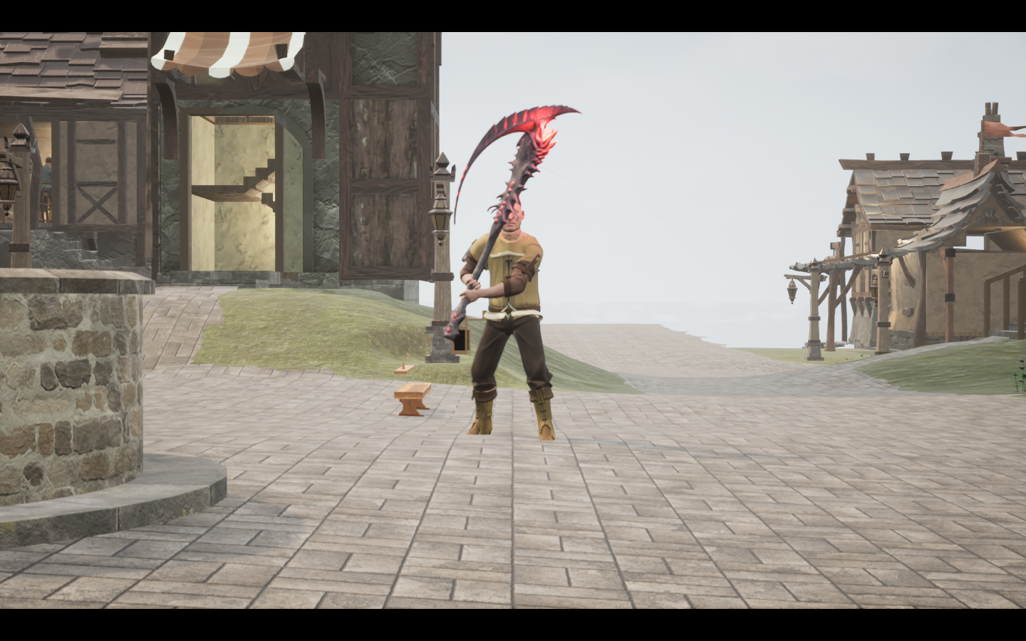 Stoneheart scythe equipped in game. Native game screenshot, masculine average body, front view.