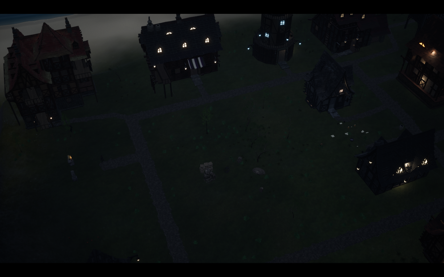 The same eastern Northwick neighbourhood after dark, with its settlement lighting. Current native game viewport; isolated visual fixture.